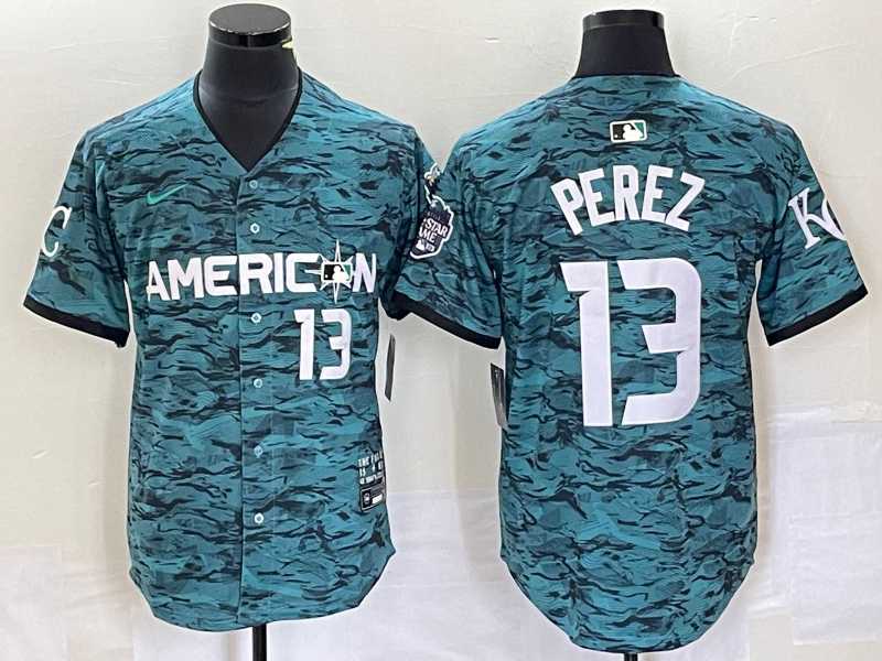 Mens Kansas City Royals #13 Salvador Perez Teal 2023 All Star Cool Base With Patch Stitched Baseball Jersey